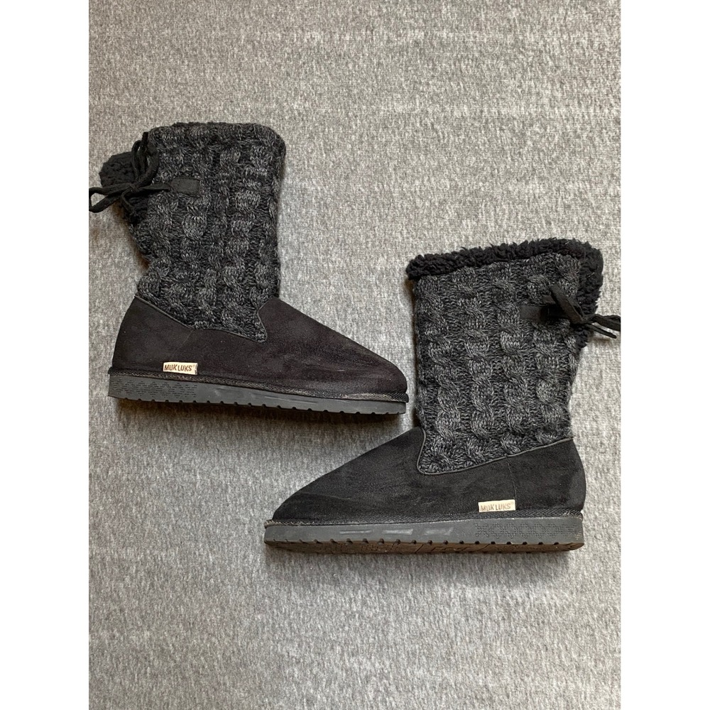 Muk Luks Cozy Black Faux Suede Cable Knit Fur Lined Winter Boots Womens 9 Cozy
